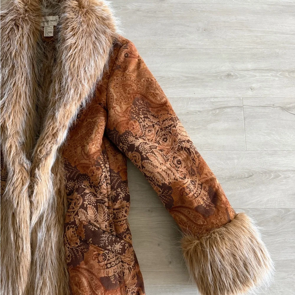 Vintage Newport News 90s Brown Paisley Penny Lane Coat Faux Fur Trim UNWORN Sz 8 - Picture 5 of 7